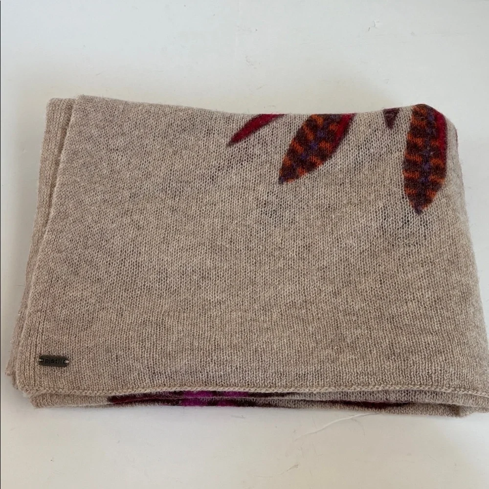 Pistil tan scarf wrap with colorful purple orange brown floral sunburst design